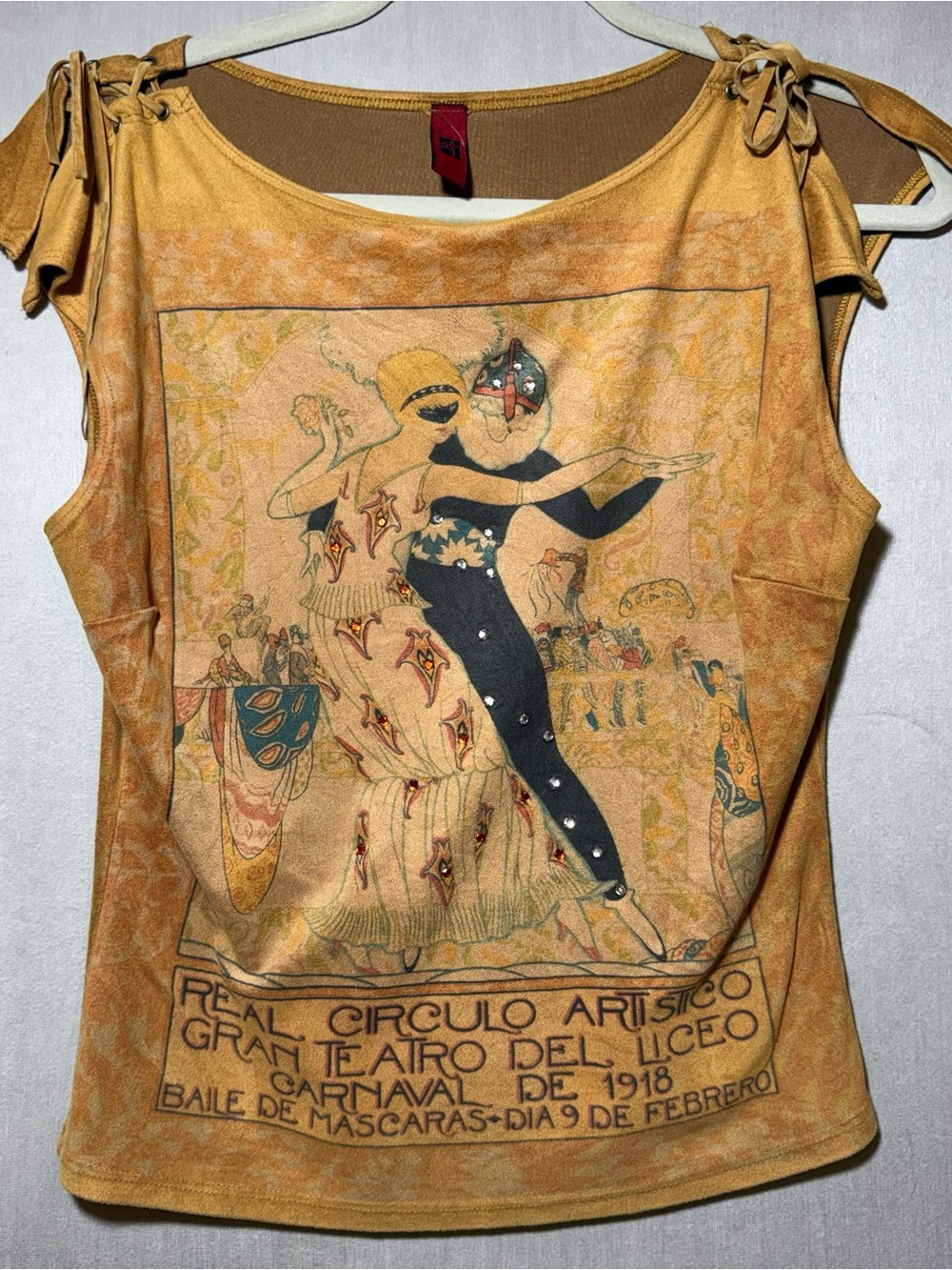 Vintage-Inspired Women's Mustard Graphic Tie-Shoulder Top